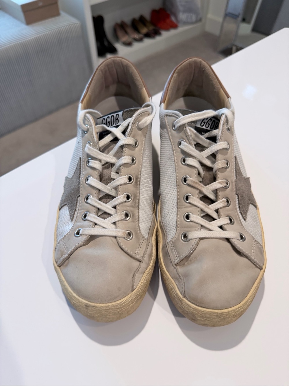 Men’s Golden Goose Beige Leather Low-Top Sneakers with Star Accent